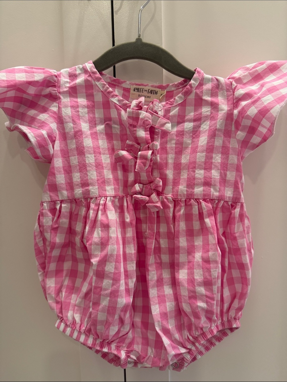 Pink & White Gingham Baby Romper with Ruffle Front